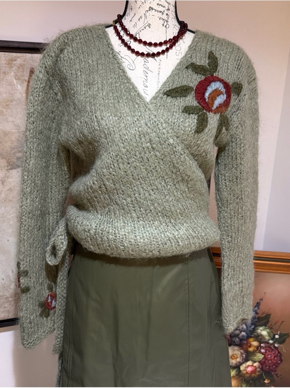 Soft Olive Green Wrap Sweater with Floral Accent